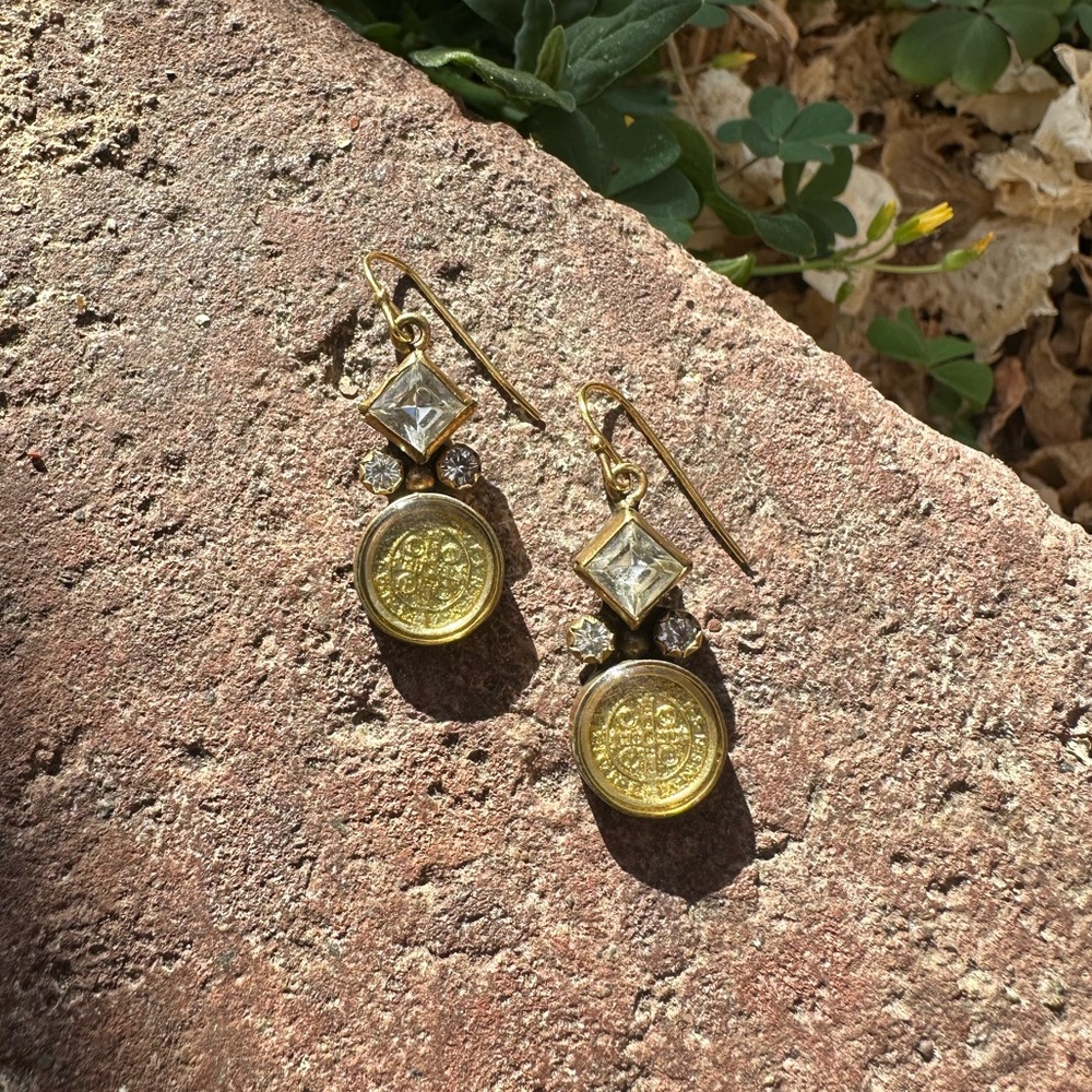 VSA Square San Benito Gold Earrings Swarovski Clear Diamond Crystals